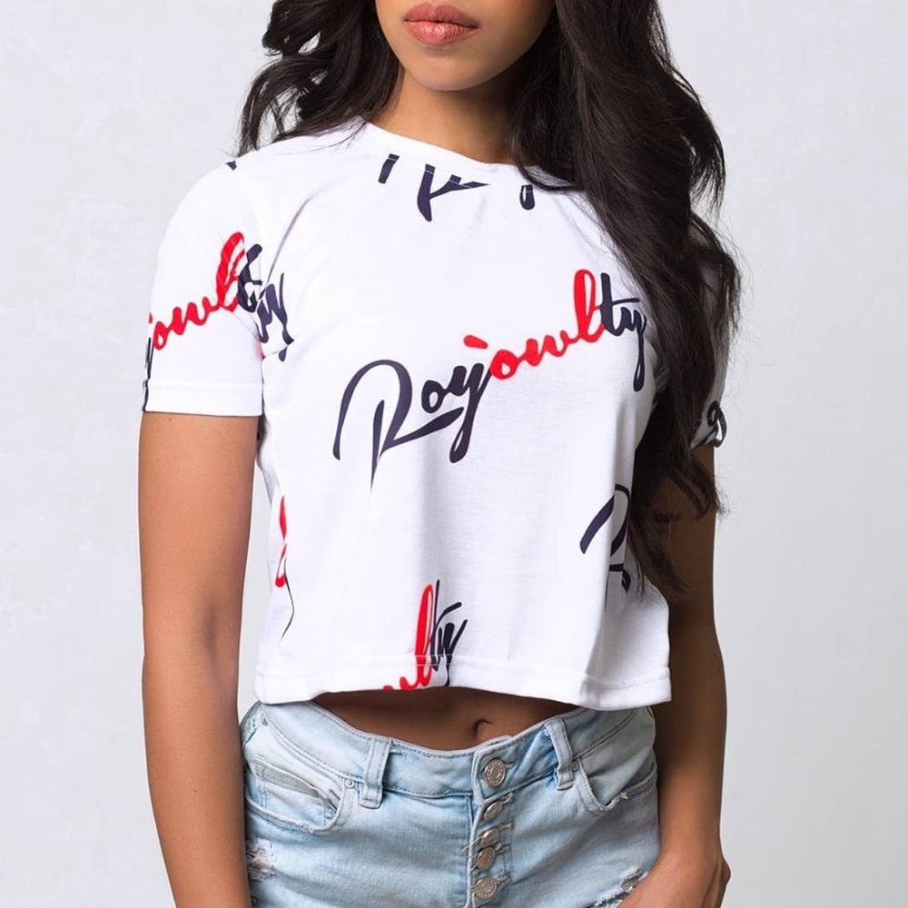 White Blue Red Royowlty Women’s Crop Designer Tee Shirt - Picture 3 of 3